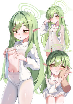  1girl 1other absurdres arm_at_side bite_mark bite_mark_on_breast blue_archive blush breasts commentary disembodied_hand gluteal_fold green_hair green_halo halo hand_on_another's_cheek hand_on_another's_face hand_up highres hikari_(blue_archive) holding_another's_wrist leaning_forward littleloli loli long_hair long_sidelocks long_sleeves multiple_views navel no_bra no_pants nose_blush one_eye_closed open_clothes open_shirt pantyhose parted_lips partially_unbuttoned pointy_ears rubbing_eyes shirt sidelocks simple_background small_breasts stomach straight_hair undressing very_long_hair white_background white_pantyhose white_shirt yellow_eyes 