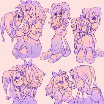  2girls asymmetrical_eyes asymmetrical_gloves blush_stickers bow button_eyes buttons dress gloves hair_bow hat hat_bell highres jaidenstar jester jester_cap jester_costume mismatched_eyes mismatched_gloves multiple_girls pomni_(the_amazing_digital_circus) puffy_sleeves ragatha_(the_amazing_digital_circus) ragdoll short_hair short_sleeves smile striped_clothes the_amazing_digital_circus triangle_nose yuri 