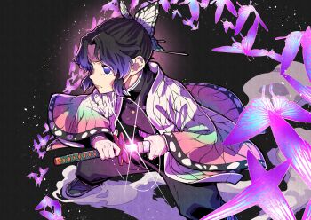  1girl animal_print belt black_background black_hair black_pants black_sandals black_shirt black_socks breasts bug butterfly butterfly_hair_ornament butterfly_print butterfly_print_haori buttons closed_mouth commentary_request demon_slayer_uniform floating_clothes gradient_hair hair_ornament hands_up haori highres holding holding_sword holding_weapon insect japanese_clothes katana kawayabug kimetsu_no_yaiba kochou_shinobu long_sleeves looking_to_the_side mandarin_collar medium_breasts multicolored_hair open_clothes pants pink_belt pink_haori purple_butterfly purple_eyes purple_hair sandals shirt short_hair sidelocks simple_background socks solo sparkle spread_legs standing sword two-tone_hair v-shaped_eyebrows wavy_hair weapon white_haori wide_sleeves 