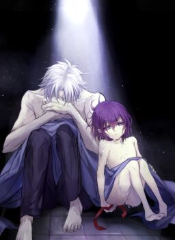  1boy 1girl bad_id bad_pixiv_id barefoot blanket empty_eyes fate/zero fate_(series) koko_(oyasuminasai) loli matou_kariya matou_sakura matou_sakura_(fate/zero) no_nipples purple_eyes purple_hair scar short_hair sweat topless_male uncle_and_niece white_hair  rating:Questionable score:21 user:danbooru