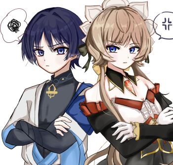  1boy 1girl absurdres anger_vein black_bow black_dress black_sleeves black_tank_top blue_cape blue_eyes blunt_ends bow bridal_gauntlets brown_hair buttons cape closed_mouth commentary_request crossed_arms detached_collar detached_sleeves diamond_button dress eyeshadow frills gem genshin_impact gloves hair_between_eyes hair_bow han'eri highres jewelry lapels long_sleeves looking_at_another makeup mandarin_collar no_headwear onryy0u open_clothes open_shirt parted_bangs pendant purple_hair red_eyeshadow red_gem sandrone_(genshin_impact) scaramouche_(genshin_impact) shirt short_hair short_hair_with_long_locks short_sleeves simple_background sleeveless sleeveless_dress speech_bubble spoken_anger_vein spoken_squiggle squiggle strapless strapless_dress tank_top two-tone_dress upper_body v-shaped_eyebrows wanderer_(genshin_impact) white_background white_dress white_gloves white_headdress white_shirt wing_collar yellow_bow 