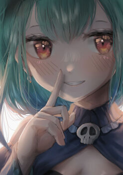  1girl absurdres backlighting blush commentary_request detached_collar double-parted_bangs earrings finger_to_face green_hair grin hand_up highres hololive jewelry looking_at_viewer makoto_(xxgk5833) portrait red_eyes short_hair short_hair_with_long_locks skull_brooch smile solo uruha_rushia uruha_rushia_(1st_costume) virtual_youtuber 