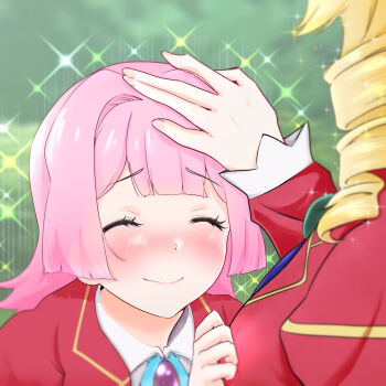  2girls akuyaku_reijou_tensei_ojisan anna_doll blonde_hair blurry blurry_background blush breasts closed_mouth drill_hair full-face_blush grace_auvergne head_out_of_frame headpat highres jacket large_breasts lips medium_hair minori-tei multiple_girls pink_hair red_jacket school_uniform shirt short_hair smile sparkle upper_body white_shirt 