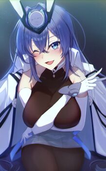  1girl azur_lane bare_shoulders blue_eyes blue_hair blush bodystocking breasts coat commentary_request covered_collarbone detached_sleeves dress elbow_gloves gloves hair_between_eyes hand_up headgear highres large_breasts light_particles long_hair looking_at_viewer new_jersey_(azur_lane) one_eye_closed open_clothes open_coat open_mouth pantyhose short_dress simple_background sitting skin_tight sleeveless smile solo thighs turtleneck usk_(yu_sk_usk39) very_long_hair white_gloves 