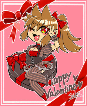  1girl alternate_costume alternate_hairstyle animification artist_name border bow box breasts brown_dress brown_hair brown_thighhighs cleavage commentary_request deformed dress eddsworld fang fewer_digits full_body hair_bow hair_ears happy_valentine heart-shaped_box highres kaiyo_noba long_hair looking_at_viewer medium_breasts one_eye_closed pink_background ponytail red_bow red_eyes red_shoes shoes sidelocks simple_background skin_fang smile striped_clothes striped_dress striped_thighhighs thighhighs tori_(eddsworld) valentine vertical-striped_clothes vertical-striped_dress vertical-striped_thighhighs w white_border 