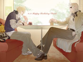  2boys alternate_costume belt black_belt blonde_hair blue_shirt brown_shoes cake character_name chocobo cloud_strife coat collared_shirt crossed_legs cup dated eating final_fantasy final_fantasy_vii food footsies full_body grey_bag grey_coat grey_hair grey_pants hair_between_eyes hand_in_pocket happy_birthday headphones headphones_around_neck highres holding holding_cup huaihecc indoors long_hair male_focus multiple_boys neckerchief pants parted_lips print_neckerchief restaurant sephiroth shirt shirt_under_shirt shoes short_hair sneakers spiked_hair striped_clothes striped_shirt stuffed_animal stuffed_bird stuffed_toy sunglasses table utensil_in_mouth white_shirt window 