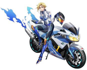  1girl armored_boots biker_clothes bikesuit black_gloves blonde_hair blue_bodysuit blue_boots blue_fire blue_gloves bodysuit boots breasts caroline_(langrisser) closed_mouth clothing_cutout exhaust_pipe fire flame_print full_body game_cg gloves hair_between_eyes helmet high_heel_boots high_heels highres holding holding_unworn_helmet kickstand knee_boots langrisser langrisser_mobile leaning leaning_against_motorcycle leg_up long_bangs looking_at_viewer medium_breasts motor_vehicle motorcycle motorcycle_helmet multicolored_bodysuit multicolored_gloves official_alternate_costume official_art on_motorcycle parted_bangs partially_open_jacket partially_unzipped second-party_source short_hair simple_background skin_tight solo standing standing_on_one_leg star_(symbol) star_cutout star_print tachi-e transparent_background unworn_headwear unworn_helmet wheel yellow_eyes 
