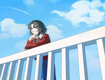  1girl absurdres against_railing black_hair blue_kimono blue_sky cropped_legs cup curtained_hair disposable_cup disposable_ice_cream_cup food fur-trimmed_jacket fur_trim highres holding holding_food holding_ice_cream ice_cream ice_cream_spoon jacket japanese_clothes kara_no_kyoukai kimono littlebird_label looking_ahead railing red_jacket ryougi_shiki short_hair sky solo spoon utensil_in_mouth 