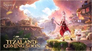  3d :3 armlet artist_request bare_shoulders belt blue_sky blunt_bangs bow_(weapon) bracelet brown_eyes brown_sandals cloak cloud commentary copyright_logo crop_top day dock english_commentary english_text falling_leaves flag gold_armlet gold_belt gold_bracelet hands_on_own_hips happy highres holding holding_bow_(weapon) holding_weapon hood hood_up hooded_cloak infinity_nikki jewelry key_visual layered_skirt leaf lens_flare light_particles light_rays log logo long_skirt maid_headdress midriff momo_(nikki) mountainous_horizon nikki_(nikki) nikki_(series) official_alternate_costume official_art outdoors pink_hair pleated_skirt promotional_art red_scarf red_skirt river sandals scarf second-party_source shirt short_hair skirt sky strapless strapless_shirt vase water waterfall weapon whiskers white_cloak white_shirt white_skirt 