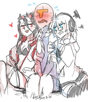  1boy absurdly_long_hair abyssal_ship admiral_(kancolle) battleship_princess bikini black-framed_eyewear black_bikini braid breasts colored_skin cosplay glasses hair_scarf headphones hi_ye horns jacket kantai_collection long_hair long_sleeves medium_breasts partially_unzipped red_eyes richelieu_(kancolle) richelieu_(kancolle)_(cosplay) richelieu_deux_(swimsuit)_(kancolle) single_braid supply_depot_princess swimsuit very_long_hair white_hair white_jacket white_skin 