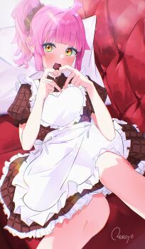  1girl ahoge apron blunt_sidelocks brown_dress candy chocolate chocolate_heart commentary_request couch dress feet_out_of_frame food food_in_mouth four-finger_heart_hands frilled_apron frills heart heart-shaped_food heart_apron heart_hands highres kishimen_hair legs_up looking_at_viewer love_live! love_live!_nijigasaki_high_school_idol_club lying medium_dress mouth_hold on_back on_couch pink_hair plaid_clothes plaid_dress ponytail puffy_short_sleeves puffy_sleeves reitou_mkn short_sleeves sidelocks solo tennoji_rina valentine waist_apron white_apron yellow_eyes 