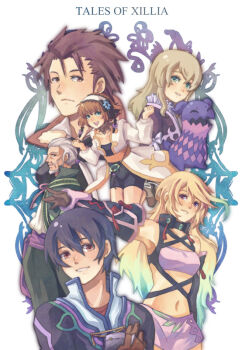  3boys 3girls alvin_(tales) bare_shoulders black_hair blonde_hair blue_eyes brown_eyes brown_hair cardinal777 closed_mouth copyright_name creature elize_lutus expressionless floating grin jude_mathis leia_rolando long_hair looking_at_viewer midriff milla_maxwell multiple_boys multiple_girls navel parted_lips purple_eyes revealing_clothes rowen_j._ilbert short_hair simple_background smile smirk stomach strapless tales_of_(series) tales_of_xillia teepo_(tales) teeth tube_top upper_body white_background white_hair yuuka_seisen 