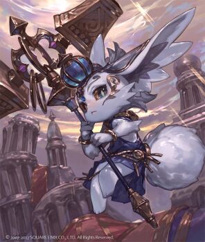  1other blue_eyes bright_pupils building closed_mouth colored_sclera copyright_notice floating furry grey_sky holding holding_staff light_rays lord_of_vermilion official_art outdoors pushan_(lord_of_vermilion) sky so-taro solo staff sunbeam sunlight white_pupils yellow_sclera 