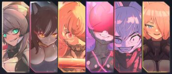  6+girls absurdres blue_eyes breasts chisaka_airi cosplay covered_eyes cow_girl crossover cyborg eyepatch fox_girl highres holding holding_sword holding_weapon kaneko_lumi large_breasts metal_gear_(series) metal_gear_rising:_revengeance multiple_girls muu_muyu phase_connect pink_eyes pink_hair pipkin_pippa purple_eyes rabbit_girl raiden_(metal_gear) rinkou_ashelia sundowner_(metal_gear_rising) sword tenma_maemi tuna_fan68 virtual_youtuber weapon white_hair yellow_eyes 