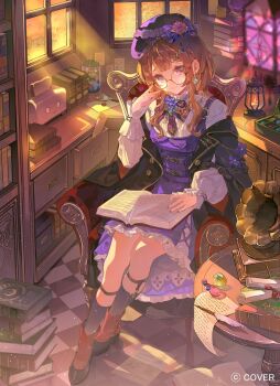  1girl adjusting_eyewear anya_melfissa beret black_coat black_socks blonde_streaks book book_stack boots bow bowtie brown_hair center-flap_bangs closed_mouth coat commentary commentary_request cross-laced_slit double-parted_bangs dress english_commentary full_body gem glasses hair_ornament hairclip hand_up hat hololive hololive_indonesia indoors kneehighs legwear_garter long_hair long_sleeves looking_at_viewer lunar_(lunar_815) mixed-language_commentary multicolored_hair off_shoulder official_art pinafore_dress purple_bow purple_bowtie purple_dress purple_eyes quill round_eyewear shirt sidelocks sitting sleeveless sleeveless_dress smile socks solo streaked_hair virtual_youtuber white_shirt 