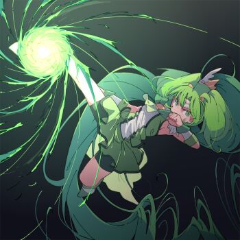  1girl circlet clenched_hand cure_march dress energy_ball green_dress green_eyes green_hair highres kicking long_hair ponytail precure shimazaki1152 shorts_under_dress smile_precure! very_long_hair 