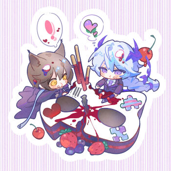  ! 2boys animal_ear_fluff animal_ears arknights black_jacket blue_hair blueberry blush_stickers braid brown_hair chibi collared_shirt diagonal-striped_clothes diagonal-striped_necktie eating food food_on_face fork fruit grey_hair hair_between_eyes heart highres holding holding_fork horns jacket long_hair male_focus multicolored_hair multiple_boys myluche necktie phantom_(arknights) pocky purple_eyes puzzle_(arknights) puzzle_piece shirt single_braid spoken_exclamation_mark spoken_heart strawberry streaked_hair striped_clothes tail tragodia_(arknights) very_long_hair white_shirt yellow_eyes 
