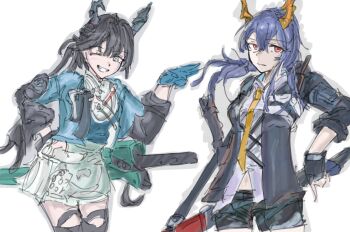  2girls absurdres ancestor_and_descendant arknights arknights:_endfield black_gloves black_hair black_shorts blue_gloves blue_hair ch'en_(arknights) chen_qianyu_(arknights) chinese_commentary closed_mouth commentary_request cowboy_shot dragon_girl dragon_horns eastern_dragon_horns expressionless gloves hair_between_eyes highres horns jacket long_hair looking_at_viewer multiple_girls necktie one_eye_closed open_clothes open_jacket open_mouth orange_necktie red_eyes shadow shirt short_shorts shorts sidelocks simple_background sketch smile standing sword teeth twintails user_dsur5742 weapon white_background white_shirt 
