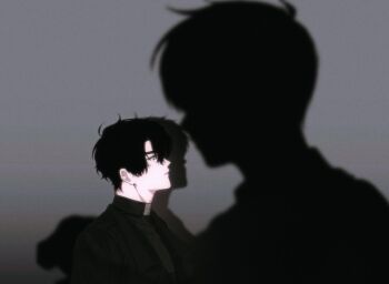  2boys akigawasou black_eyes black_hair black_shirt drop_shadow hair_between_eyes highres kim_dokja looking_to_the_side multiple_boys omniscient_reader&#039;s_viewpoint shirt short_hair size_difference upper_body yoo_joonghyuk 