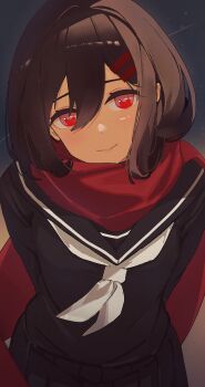  1girl black_hair black_serafuku hair_between_eyes hair_ornament hairclip highres kagerou_project red_eyes red_scarf rishe_(reeeeshe) scarf school_uniform serafuku tateyama_ayano 