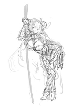 1girl barbariank between_breasts breasts bug butterfly camilla_(fire_emblem) cleavage cosplay costume_switch cow_horns draph fire_emblem fire_emblem_fates granblue_fantasy hair_over_one_eye high_heels horns insect katana large_breasts leaning_forward long_hair looking_at_viewer narmaya_(granblue_fantasy) nintendo one_eye_covered sketch solo strap_between_breasts sword unfinished weapon