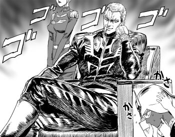  1boy 2girls a1_(initial-g) breasts cecilia_irene commentary_request epaulettes gihren_zabi gloves gundam gundam_gquuuuuux hara_tetsuo_(style) helmet hokuto_no_ken holding jacket kycilia_zabi looking_at_viewer male_focus manly mask military military_uniform monochrome mouth_mask multiple_boys multiple_girls muscular parody short_hair sitting smile style_parody voice_actor_connection zeon 