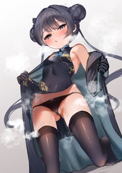1girl :o absurdres bare_shoulders black_dress black_panties black_thighhighs blue_archive blush bow bow_panties braid braided_bun breasts cameltoe china_dress chinese_clothes clothes_lift coat covered_navel double_bun dragon_print dress gloves grey_coat grey_eyes hair_bun half-closed_eyes highres kisaki_(blue_archive) kneeling lifting_own_clothes loli long_hair looking_at_viewer mashiropp panties partially_visible_vulva pelvic_curtain pelvic_curtain_lift print_dress sleeveless sleeveless_dress small_breasts solo steaming_body sweat thighhighs twintails underwear undressing rating:Sensitive score:68 user:danbooru