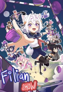  6+girls :3 :o =_= absurdres ahoge akuma_nihmune akuma_nihmune_(1st_costume) animal_ear_fluff animal_ears aqua_eyes aqua_ribbon arms_up bao_the_whale bao_the_whale_(1st_costume) barefoot bell black_bodysuit black_bra black_gloves black_hair black_ribbon black_shoes black_thighhighs blaidd_the_half-wolf blue_hair blue_sailor_collar blue_skirt blush body_pillow bodysuit bodysuit_under_clothes bow bowtie bra breasts bright_pupils brown_hair camila_(cami_1.0)_(vtuber) camila_(vtuber) candy cat_ears cat_girl cat_tail character_name chest_sarashi chibidoki_(vtuber) chicken_(food) chicken_leg cleavage closed_eyes collarbone commentary crying dark-skinned_female dark_skin dress drooling drumsy elbow_gloves elden_ring english_commentary english_text eyelashes fang filian_(vtuber) fingerless_gloves food foreshortening full_moon glasses gloves green_eyes grey_dress grey_gloves grey_hair grimace_(mcdonald's) hair_bell hair_horns hair_intakes hair_ornament hair_ribbon handheld_game_console hands_on_own_face head_wings heart highres holding holding_handheld_game_console holding_pillow horns indie_virtual_youtuber jacket layna_lazar leap_frog living_food long_hair mcdonald's medium_hair melody_(projektmelody) melody_(projektmelody)_(4th_costume) midriff moon mouth_drool multicolored_hair multiple_girls navel neckerchief o3o o_o one_eye_closed open_clothes open_jacket open_mouth orange_eyes orange_hair outline outstretched_arm perspective pillow pink_hair pink_neckerchief pink_sailor_collar pink_shoes pink_skirt pointy_ears ponytail purple_eyes purple_hair raccoon_ears raccoon_girl raccoon_tail reaching red_bow red_bowtie red_eyes red_neckerchief red_ribbon ribbon sailor_collar sarashi saruei_(vtuber) school_uniform second-party_source serafuku shirt shoes short_sleeves shou_furuhashi shylily shylily_(1st_costume) sidelocks sinder_(old_design)_(vtuber) sinder_(vtuber) skin_fang skirt smile snuffy_(1st_costume)_(vtuber) snuffy_(vtuber) star_(sky) tail tearing_up tears teeth thighhighs trickywi twintails two-tone_hair underwear upper_teeth_only v v-shaped_eyebrows virtual_youtuber vshojo white_hair white_jacket white_outline white_pupils white_shirt wings wolf_ears wolf_girl wolf_tail wrinkled_skin yellow_eyes 