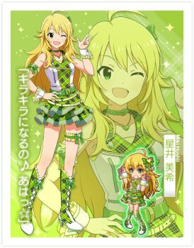  1girl ;d ahoge armband belt blonde_hair boots border character_name check_my_note_(idolmaster) collar frilled_armband frilled_skirt frilled_thigh_strap frilled_wrist_cuffs frills green_belt green_boots green_collar green_eyes green_skirt grey_border hand_on_own_hip hand_up heart heart_necklace high_heel_boots high_heels hoshii_miki idolmaster idolmaster_(classic) jacket jewelry lace-up_boots long_hair miniskirt necklace official_alternate_costume official_art one_eye_closed open_mouth pixel_art pixel_art_inset plaid_clothes plaid_footwear plaid_jacket plaid_skirt second-party_source skirt sleeveless sleeveless_jacket smile standing thigh_strap translation_request w white_wrist_cuffs wrist_cuffs zoom_layer 