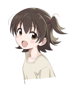  1girl :d akagi_miria blush brown_eyes brown_hair commentary_request highres idolmaster idolmaster_cinderella_girls idolmaster_cinderella_girls_u149 looking_at_viewer nf_kb one_side_up open_mouth shirt simple_background smile solo striped_background striped_clothes striped_shirt vertical-striped_clothes vertical-striped_shirt white_background 