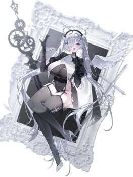  1girl amu1207 angel_wings black_veil blue_eyes blush breast_curtains breasts cinderella_(nikke) coif commentary cross cross_necklace goddess_of_victory:_nikke hair_over_one_eye highres jewelry large_breasts leotard long_hair looking_at_viewer necklace nun nun_headdress one_eye_covered see-through_clothes smile symbol-only_commentary twintails veil very_long_hair white_hair wings 