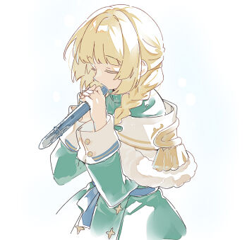  1girl aged_down ap_bar blonde_hair braid closed_eyes coat fire_emblem fire_emblem:_three_houses fire_emblem_heroes flute green_coat holding holding_instrument ingrid_brandl_galatea ingrid_brandl_galatea_(chivalrous_heart) instrument long_hair nintendo official_alternate_costume official_alternate_hairstyle recorder simple_background solo standing twin_braids upper_body white_background 