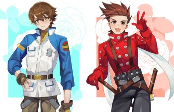  2boys :d absurdres belt black_pants blue_jacket breast_pocket brown_eyes brown_gloves brown_hair brown_pants cancanbaobao55 closed_mouth commentary eiyuu_densetsu floral_background flower gloves highres jacket lloyd_bannings lloyd_irving male_focus multicolored_jacket multiple_boys name_connection open_mouth pants pocket red_gloves red_jacket rose sheath sheathed short_hair smile sweater sword tales_of_(series) tales_of_symphonia two-tone_jacket w weapon white_background white_jacket yellow_eyes yellow_sweater zero_no_kiseki 