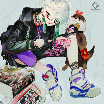  1boy animal artist_logo artist_name box clothes_pin commentary_request earrings fingerless_gloves full_body glasses gloves grandia_lee green_eyes gundam gundam_unicorn gunpla highres holding holding_scissors jewelry logo male_focus model_kit necklace original otter scissors sharp_teeth shoes short_hair shorts single_fingerless_glove slit_pupils sneakers solo star_(symbol) star_necklace tattoo teeth tribal_tattoo unicorn_gundam white_hair 