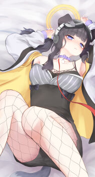  1girl animal_ears black_hair blue_archive blue_eyes commentary_request dog_ears dog_girl engineering_department_(blue_archive) etonomikoto goggles goggles_on_head halo hibiki_(blue_archive) highres looking_at_viewer solo yellow_halo 