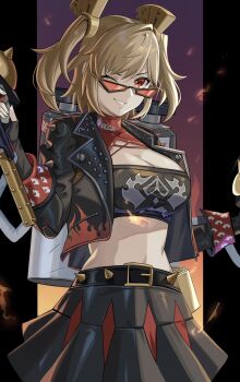  1girl black-framed_eyewear black_jacket black_skirt black_tube_top blonde_hair breasts burnice_white cropped_jacket fire flamethrower highres holding holding_flamethrower holding_weapon jacket large_breasts looking_at_viewer looking_over_eyewear midriff one_eye_closed parted_lips propane_tank red-tinted_eyewear red_eyes rxo2xs short_twintails skirt smile solo spiked_belt spiked_jacket strapless sunglasses tinted_eyewear tube_top twintails weapon zenless_zone_zero 