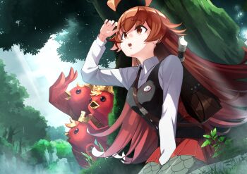  1girl absurdres ahoge badge bag between_breasts bird black_vest breasts brown_eyes brown_hair cocco_lupia commentary_request creature duel_masters duel_masters_play's fishnet_pantyhose fishnets flute forest highres huge_ahoge instrument kokko_rupiko long_hair long_sleeves looking_up nature open_mouth outdoors pantyhose recorder red_skirt shirt shoulder_bag skirt strap_between_breasts teeth tree upper_teeth_only user_fxpm2785 vest white_shirt 