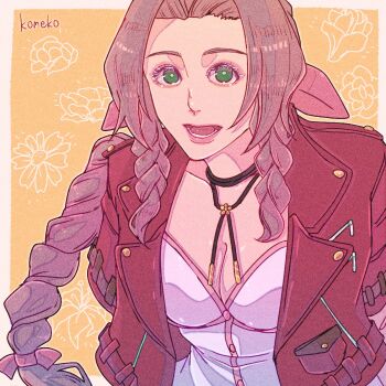  1girl aerith_gainsborough arms_behind_back artist_name braid braided_ponytail breasts brown_hair choker cleavage commentary_request dress final_fantasy final_fantasy_vii final_fantasy_vii_remake flower_choker gold_buttons green_eyes hair_ribbon highres jacket komeko_(strikek-lvvjm27) leaning_forward long_hair looking_at_viewer medium_breasts open_mouth orange_background parted_bangs pink_dress pink_ribbon red_jacket ribbon short_sleeves sidelocks single_braid smile solo upper_body 