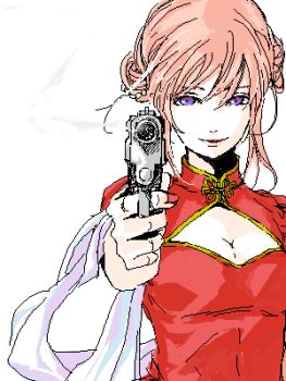  1girl aged_up aiming aiming_at_viewer blue_eyes breasts china_dress chinese_clothes cleavage cleavage_cutout clothing_cutout double_bun dress female_focus gintama grin gun hair_bun handgun holding holding_gun holding_weapon kagura_(gintama) looking_at_viewer lowres medium_breasts nail_polish parted_lips pistol purple_eyes red_china_dress red_dress red_hair red_nails scarf simple_background smile solo upper_body weapon white_background  rating:Sensitive score:10 user:danbooru