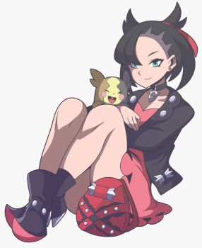  1girl absurdres abysswatchers asymmetrical_bangs backpack bag bare_legs black_boots black_choker black_jacket boots breasts choker cleavage closed_mouth collarbone dress earrings gen_8_pokemon green_eyes hair_ribbon highres holding holding_pokemon jacket jewelry knees_up marnie_(pokemon) morpeko morpeko_(full) nintendo piercing pink_dress pokemon pokemon_(creature) pokemon_swsh ribbon simple_background sitting smile stud_earrings thighs undercut white_background 