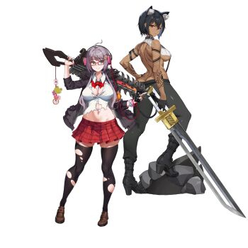  2girls ahoge animal_ear_fluff animal_ears aqua_eyes arm_pouch arm_tattoo ass backless_shirt belt black_belt black_boots black_collar black_hair black_jacket black_pants black_thighhighs boots bow bowtie breasts breasts_apart brown_shoes butt_crack cellphone chainsaw chainsword charm_(object) checkered_clothes checkered_skirt closed_mouth collar collared_shirt crop_top dark-skinned_female dark_skin dog_ears dog_girl donut flower food frog full_body fur-trimmed_jacket fur_trim glasses hair_between_eyes hair_ornament hairclip hand_on_own_hip haru_estia headphones heart high_heel_boots high_heels highres holding holding_phone holding_sword holding_weapon impossible_clothes impossible_shirt jacket large_breasts last_origin leg_up legs_apart linea_alba listening_to_music long_hair looking_at_viewer looking_back looking_to_the_side mary_janes median_furrow miniskirt multiple_girls muscular muscular_female navel non-web_source official_alternate_costume official_alternate_eye_color official_alternate_hair_color official_alternate_hair_length official_alternate_hairstyle official_alternate_skin_color official_art on_rock open_clothes open_jacket pants patch phone pink_flower pleated_skirt purple_hair rectangular_eyewear red-framed_eyewear red_bow red_bowtie red_eyes red_skirt ribbed_shirt shirt shoes short_hair shoulder_blades sideboob sidelocks simple_background skindentation skirt sleeveless sleeveless_shirt smartphone smile soulworker spiked_collar spikes standing sword sword_on_back tachi-e tattoo thighhighs torn_clothes torn_shirt torn_thighhighs transparent_background u-rix vargr_(last_origin) weapon weapon_on_back white_shirt zettai_ryouiki 