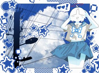  ! :d absurdres ahoge arms_behind_head arms_up blue_skirt bow bowtie chewchewer closed_eyes cloud cloudy_sky colored_skin commentary curtained_hair english_commentary halo heart highres lamppost midriff_peek nyan_(chewchewer) open_mouth original outside_border pixel_art_inset power_lines school_uniform serafuku short_hair silhouette skirt sky smile spoken_exclamation_mark spoken_heart star_(sky) thighs utility_pole white_bow white_bowtie white_hair white_serafuku white_skin 