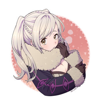  1girl 72kuri black_robe braid breasts camisole cleavage commentary_request female_robin_(fire_emblem) fire_emblem fire_emblem_awakening fur-trimmed_robe fur_trim highres long_hair long_sleeves looking_at_viewer nintendo robe simple_background smile solo twintails white_background white_camisole white_hair 