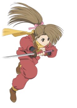  1girl artist_request brown_eyes brown_hair brown_shoes closed_mouth commentary fingerless_gloves fujibayashi_suzu full_body game_cg gloves hair_ribbon holding holding_sword holding_weapon katana long_hair ninja official_art pants pink_ribbon ponytail red_pants red_shirt reverse_grip ribbon scarf shirt shoes solo sword tales_of_(series) tales_of_asteria tales_of_phantasia third-party_source transparent_background weapon wide_ponytail yellow_scarf 