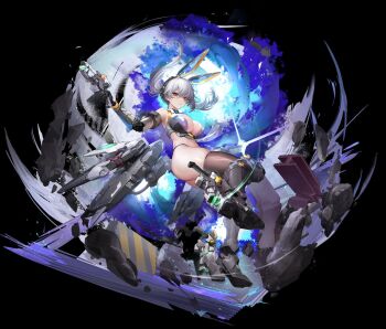  animal_ears armored_boots boots breasts cleavage daiblos_core highres holding holding_weapon large_breasts non-web_source thick_thighs thighs twintails weapon white_hair 