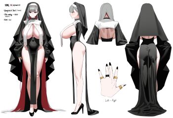  1girl absurdres ass back backboob black_dress black_nails black_veil blunt_bangs breast_curtains breasts closed_mouth covered_navel cross cross_earrings dress earrings english_text from_behind full_body grey_hair high_heels highres jewelry long_hair looking_at_viewer multiple_earrings multiple_rings multiple_views nun original pelvic_curtain plentyofempty puffy_sleeves red_eyes ring sideboob simple_background sleeves_past_wrists solo veil very_long_hair white_background 