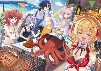  absurdres akai_haato akai_haato_(waitress) animal_ears bikini black_bikini black_dress blue_eyes blue_hair breasts cleavage closed_eyes commentary_request dress frilled_dress frills grey_hair haaton_(akai_haato) hair_ornament hairpin hakui_koyori hakui_koyori_(summer) highres hiodoshi_ao hololive hololive_dev_is hololive_english ichijou_ririka koseki_bijou large_breasts long_hair looking_at_viewer manjirou_(manji_illust) medium_breasts octopus official_alternate_costume open_mouth orange_eyes orange_hair pink_hair ponytail purple_eyes small_breasts smile swimsuit two_side_up very_long_hair virtual_youtuber white_bikini wolf_ears wolf_girl 