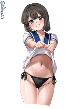  1girl black_hair black_panties blue_eyes blue_sailor_collar blush clothes_lift collarbone commentary_request cropped_legs daitou_(kancolle) dress dress_lift ebifurya grin groin hashtag-only_commentary highres kantai_collection looking_at_viewer navel one-hour_drawing_challenge outstretched_arms panties sailor_collar sailor_dress short_sleeves side-tie_panties simple_background smile solo twitter_username underwear white_background white_dress 