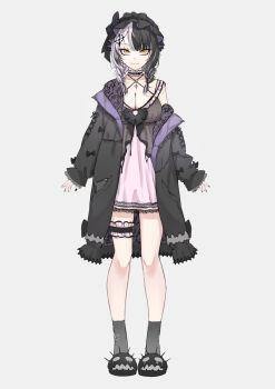  1girl a9_(repainter) absurdres ankle_socks belt belt_collar black_belt black_bow black_coat black_hair black_hairband black_nails black_socks book bow bow_hairband braid breasts cleavage closed_mouth coat collar commentary design_speculation frilled_hairband frilled_thigh_strap frills full_body grey_background grey_hair hair_ornament hairband highres hololive hololive_english large_breasts long_sleeves looking_at_viewer low_twin_braids multicolored_hair nail_polish nightgown o-ring off_shoulder open_clothes open_coat puffy_long_sleeves puffy_sleeves purple_nightgown shiori_novella simple_background sleepwear sleeves_past_wrists slippers smile socks solo split-color_hair standing straight-on symbol-only_commentary tachi-e thigh_strap twin_braids two-tone_hair very_long_fingernails virtual_youtuber yellow_eyes yorick_(shiori_novella) 