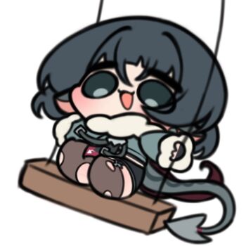  1girl animal_ears black_gloves black_hair blue_eyes brown_thighhighs chibi chibi_only fingerless_gloves full_body fur-trimmed_jacket fur_trim gloves grey_jacket highres jacket jane_doe_(zenless_zone_zero) long_hair mouse_ears mouse_girl mouse_tail multicolored_hair on_swing open_mouth otu_(o2h2_oh4) red_hair sharp_tail sitting solo swing tail thighhighs torn_clothes torn_thighhighs zenless_zone_zero 